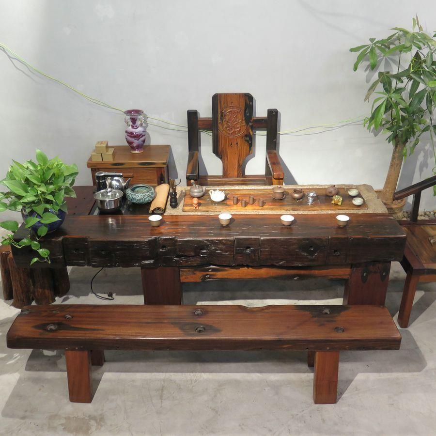 老船木家具复古实木茶桌椅组合现代简约中式龙骨办公茶台茶几茶桌