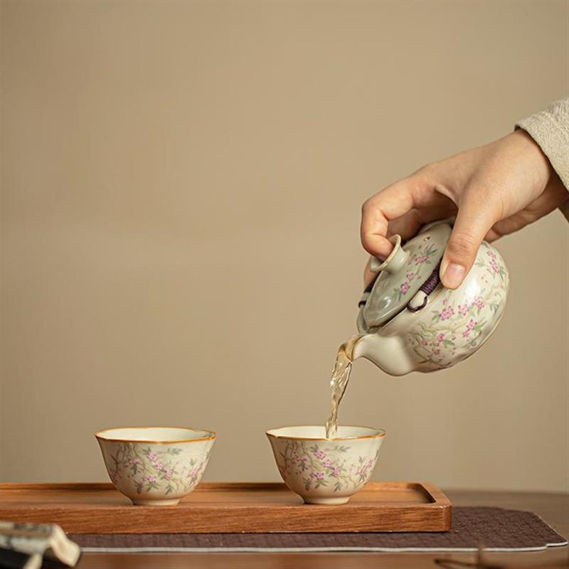 JOJO茶具米黄汝窑一壶二四杯防烫泡茶碗手抓壶盖碗女士功夫茶具