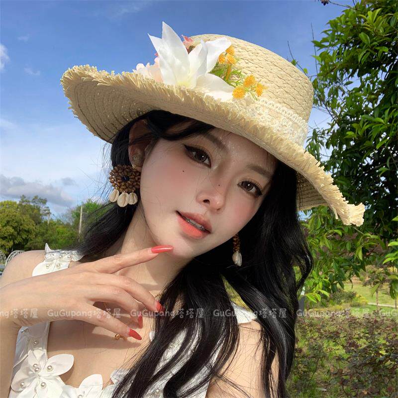 米色蕾丝花朵草编大帽檐草帽女2026新款度假风外防晒遮阳帽太阳帽