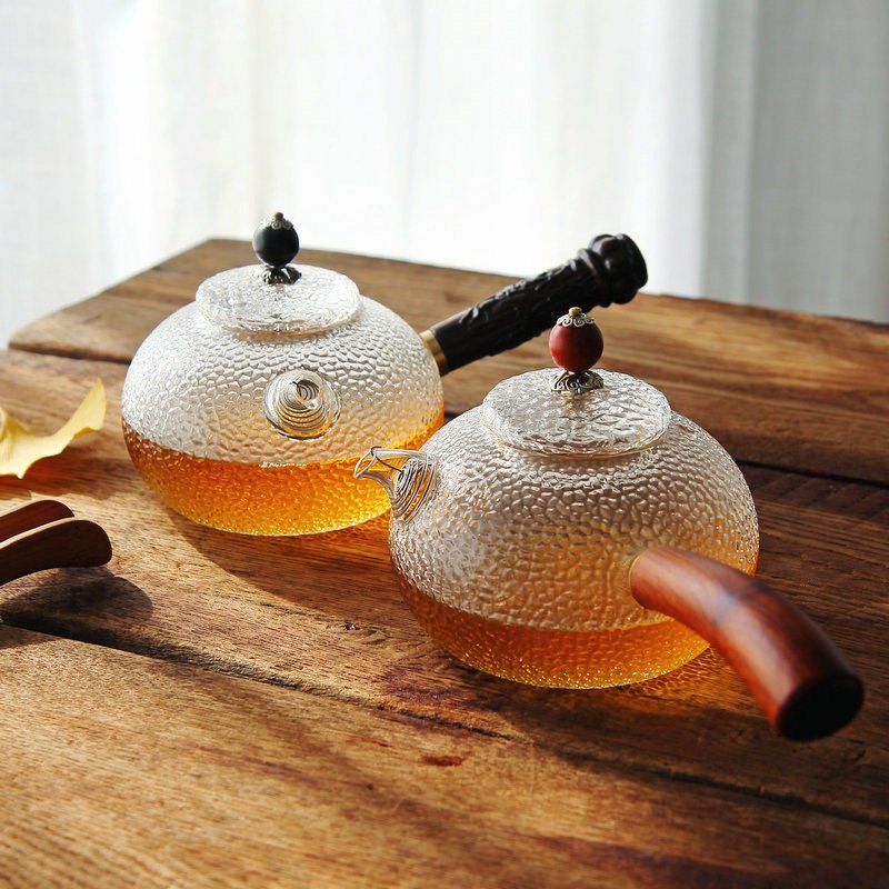 耐热玻璃锤纹木柄侧把壶煮茶壶纯手工花茶壶泡茶器烧水壶功夫茶具