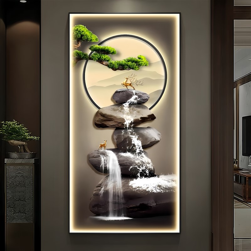 流水生财led灯新中式入户玄关装饰画大尺寸山水挂画竖版走廊壁画