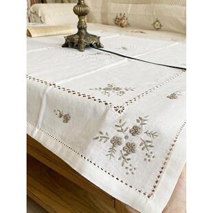 法式乡村白色餐巾茶几布手工抽丝镂空立体灰线绣竹节麻桌布盖巾