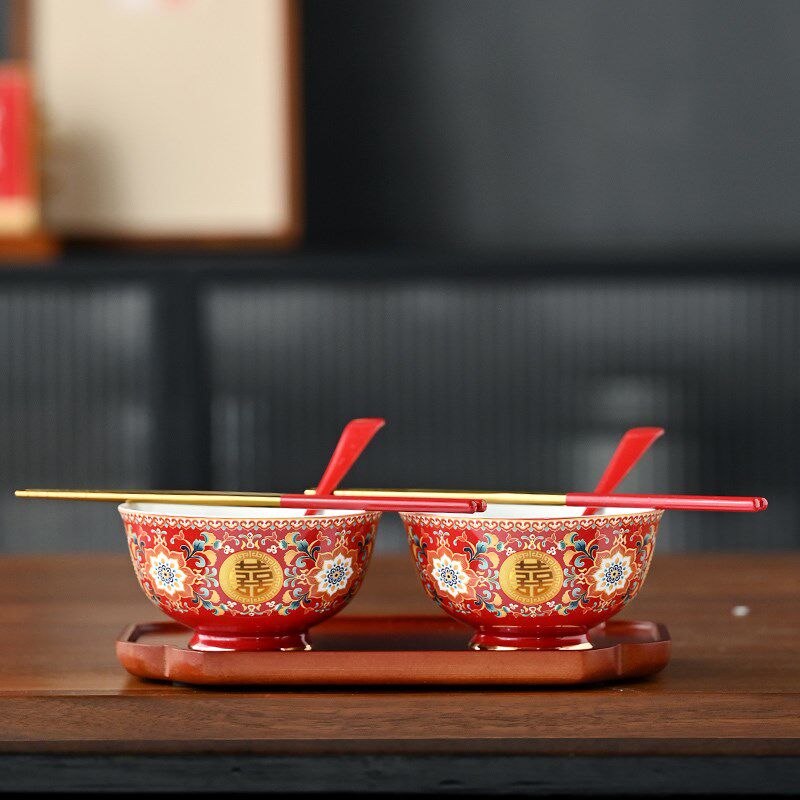 国潮结婚喜碗对碗 婚礼碗筷套装中式复古敬茶杯一对新人陪嫁餐具