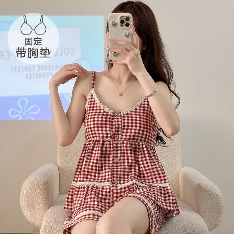 格子睡衣女夏季吊带云朵棉薄款加大码胖MM200斤带胸垫家居服套装