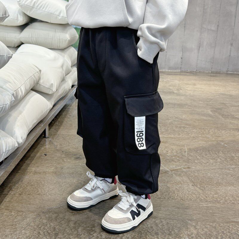 男童加绒裤子秋冬款2024新款儿童加厚工装裤宝宝保暖休闲裤一体绒