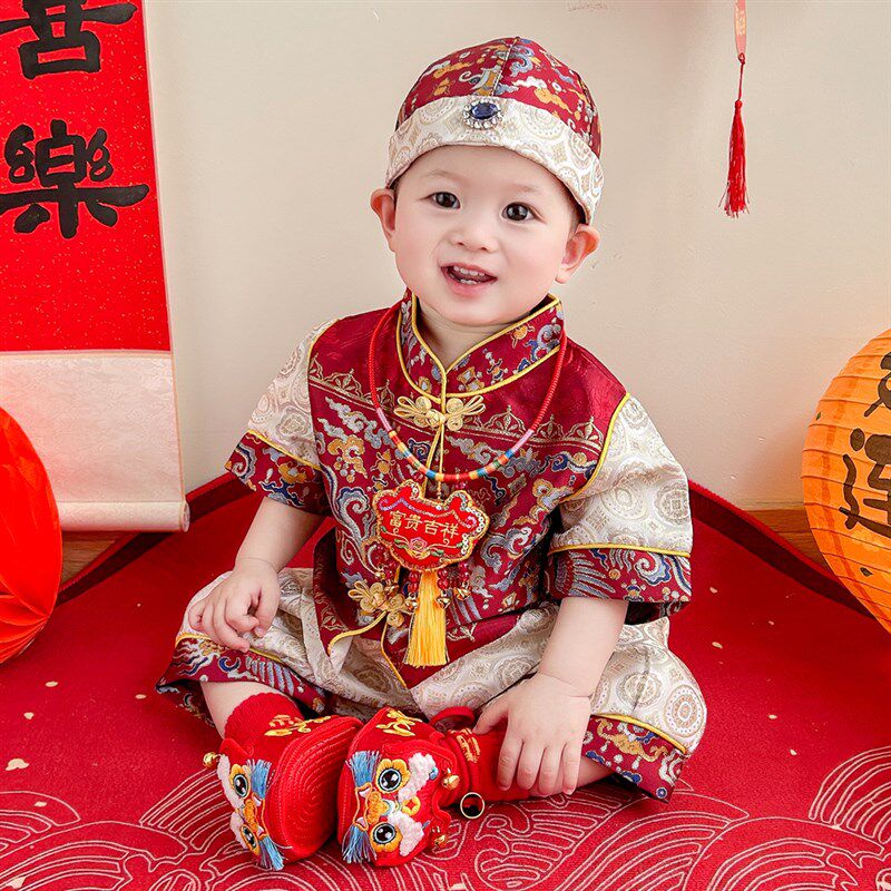 新中式男宝春秋新款周岁礼服喜庆生日宴百天抓周服儿童唐装冠衣