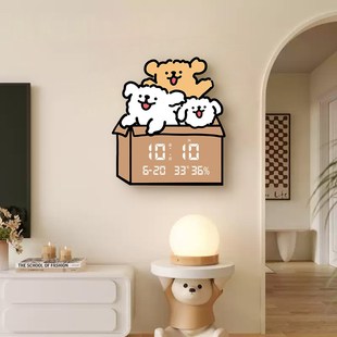 奶油风线条小狗挂钟客厅万年历电子屏时钟创意家用静音钟表挂墙钟