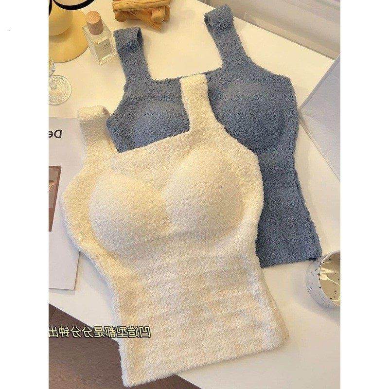 带胸垫加绒吊带背心羊羔绒毛绒保暖打底衫秋冬免穿文胸一体式内搭