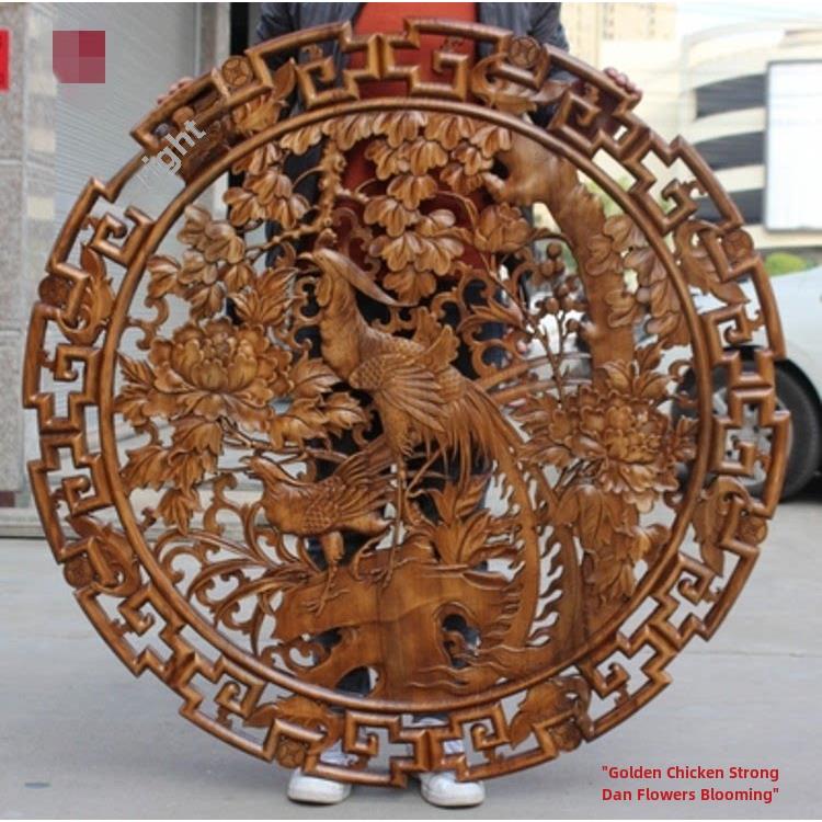 东阳木雕圆形挂件中国背景墙莲花九鱼画剪纸入口客厅樟木实木