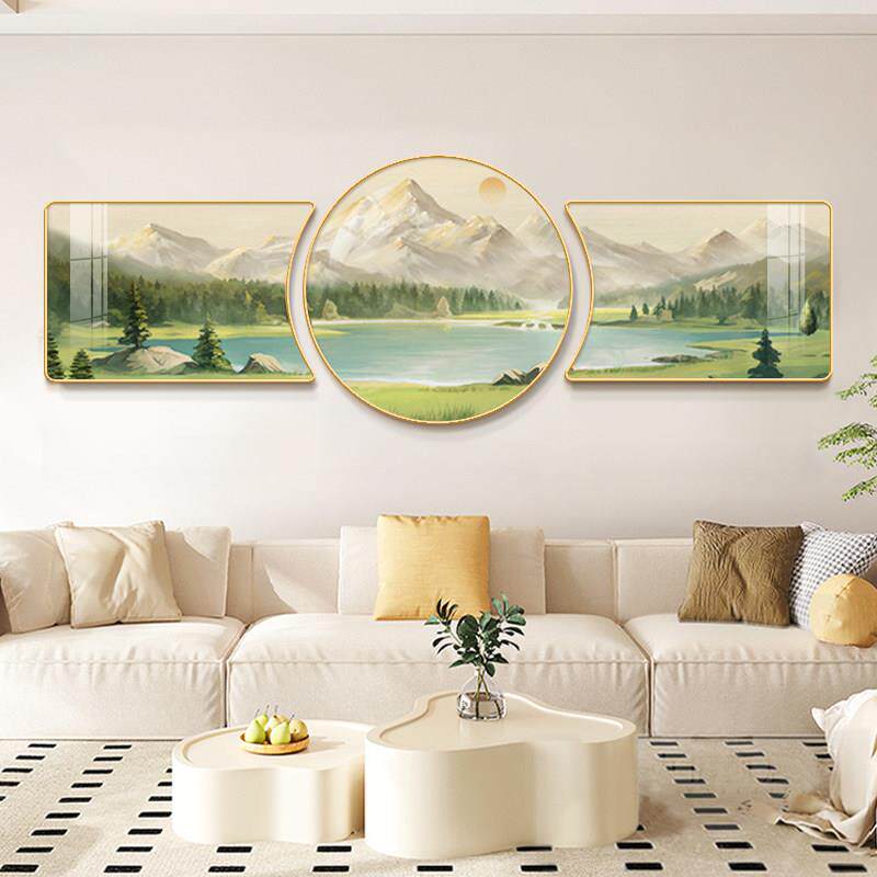 聚宝盆客厅装饰画 画北欧日照金山聚财山水风景三联画 画电视背景