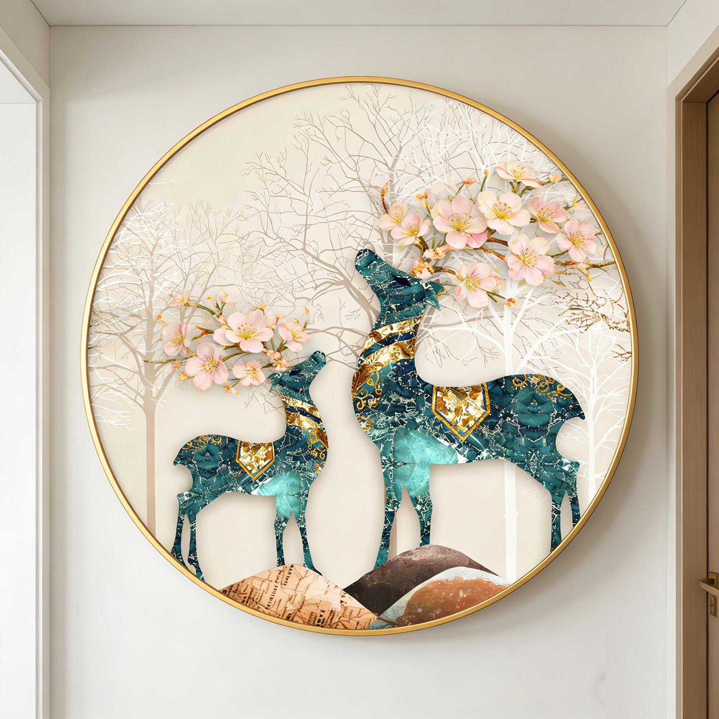 福鹿圆形挂画客厅餐厅茶室玄关装饰画招财聚财壁画可定制2026新款