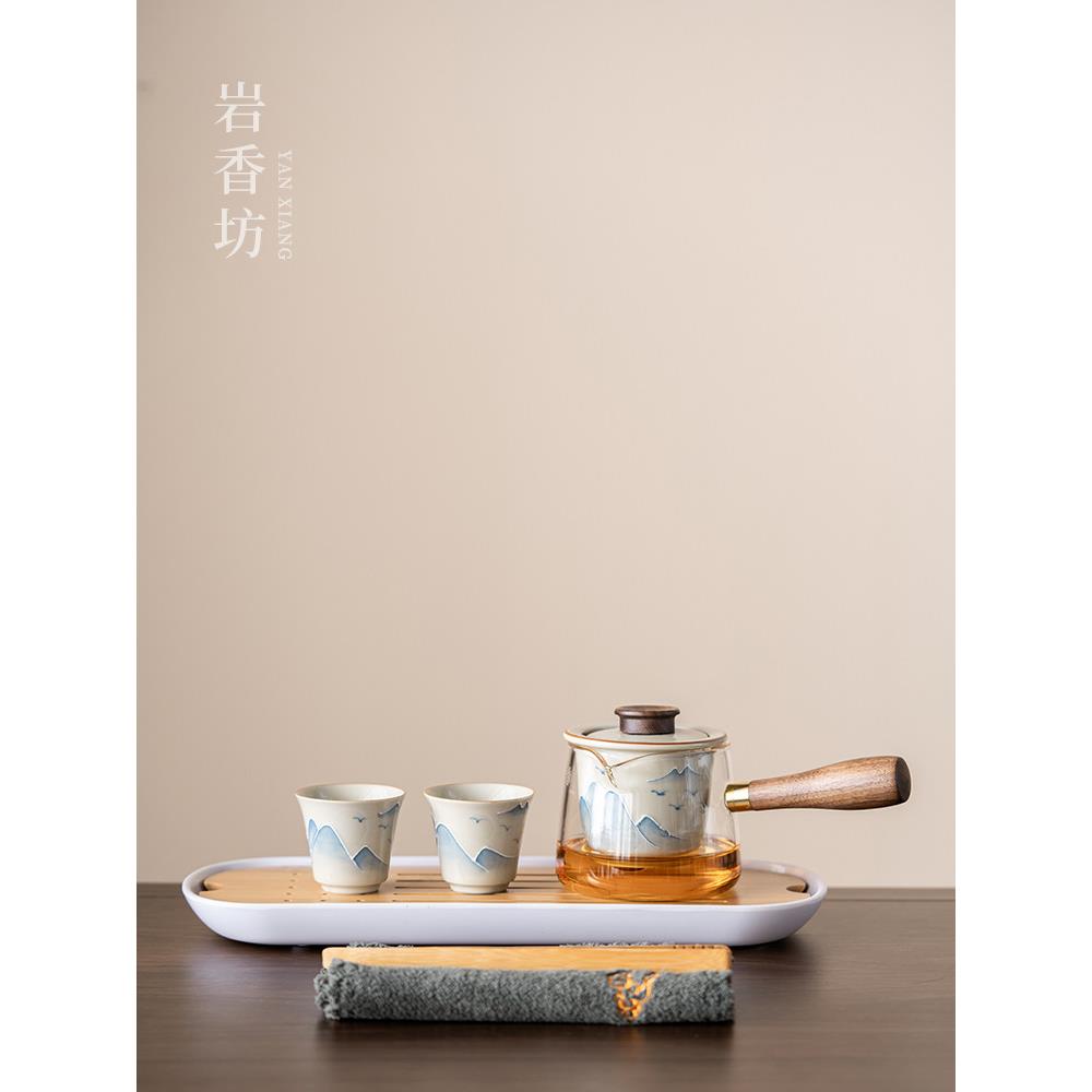 岩香坊手绘山水一壶两杯玻璃茶壶功夫茶具套装陶瓷釉下彩泡茶壶