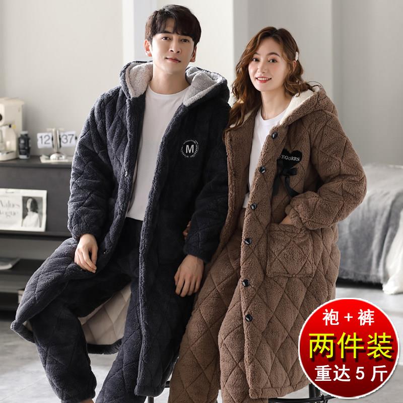 情侣加棉睡衣女秋冬款加厚加绒男士冬季珊瑚绒睡袍两件套装家居服