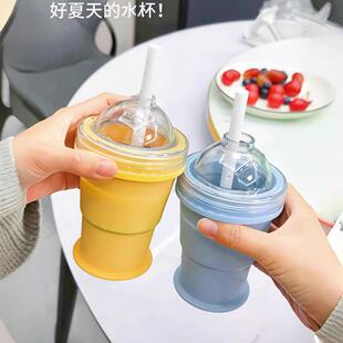 可折叠的冰球杯!可携式折叠冰球杯自带吸管矽胶食品级制冰杯模具