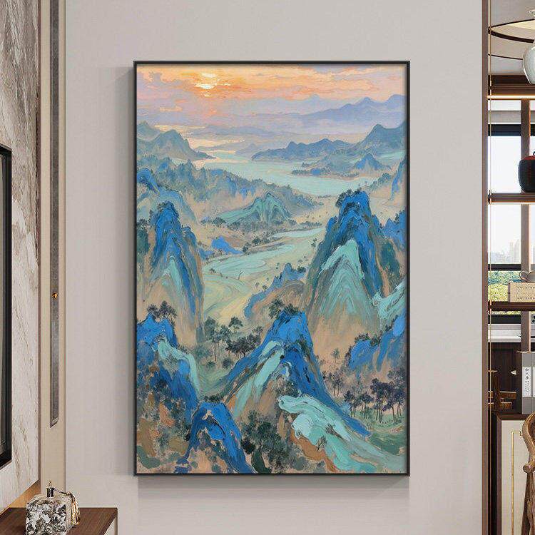 新中式千里江山入户玄关装饰画走廊尽头过道挂画山水国画风景壁画
