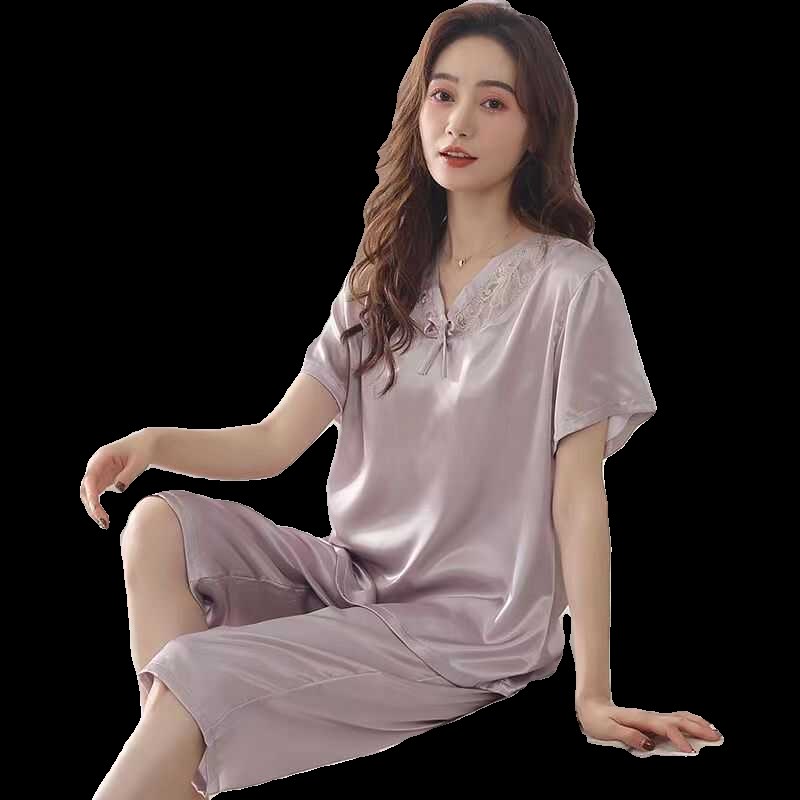 夏季睡衣女短袖七分裤冰丝绸中年妈妈女士真丝睡衣家居服大码套装