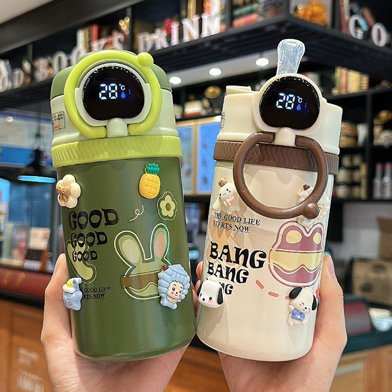 儿童显温水杯小学生大容量316食品级保温瓶男女生可爱便携吸管杯