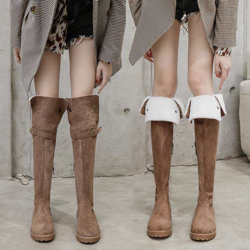 羊羔毛侧拉链弹力长筒靴女粗跟两穿过膝高筒长靴厂销,女鞋,骑士靴,淘宝优惠券,粉丝福利购,淘宝优惠卷