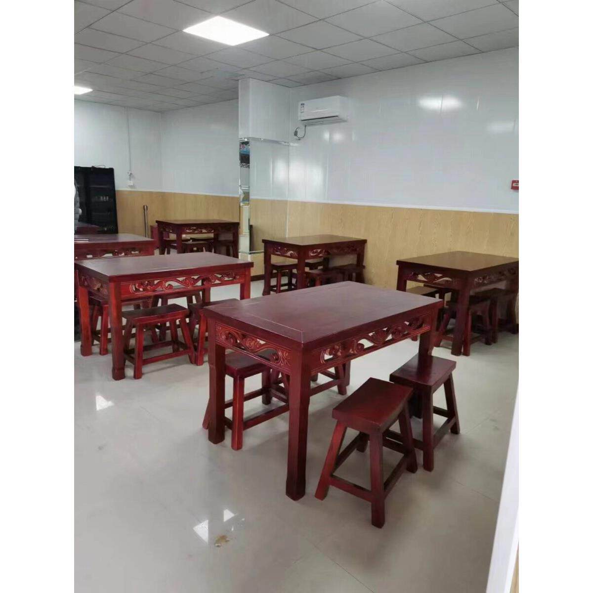 实木饭店早餐面馆商用彷古雕花长方形桌凳碳化小吃店烧烤桌椅组合