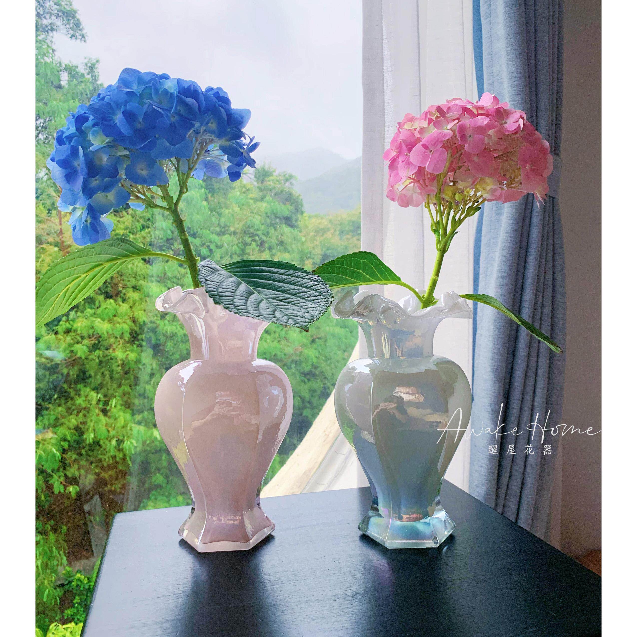 法式轻奢优雅珍珠白色粉色玻璃六角花瓶家居水培插鲜花器琉璃摆件