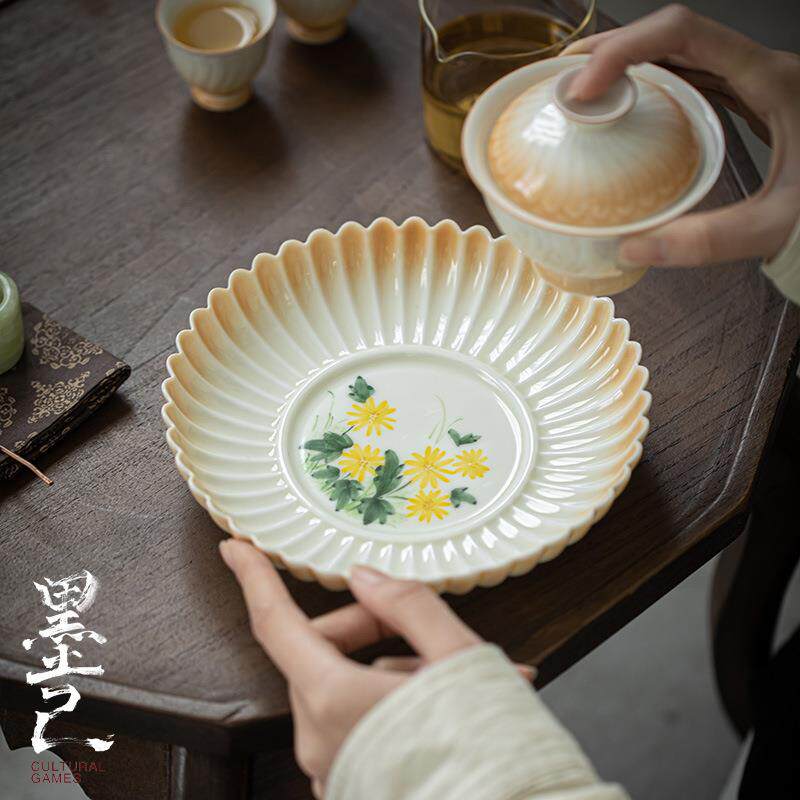 墨己 渐变色花瓣壶承 手绘菊花盖碗茶壶底托 茶道配件多用陶瓷盘