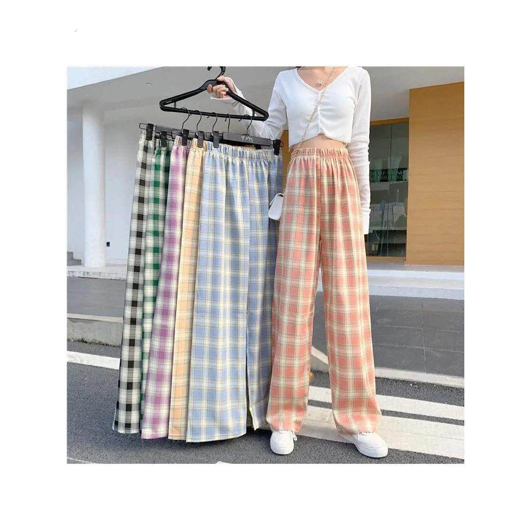格子睡裤女生水洗棉质布薄休闲直筒沙滩长裤可外穿家居睡眠裤减龄