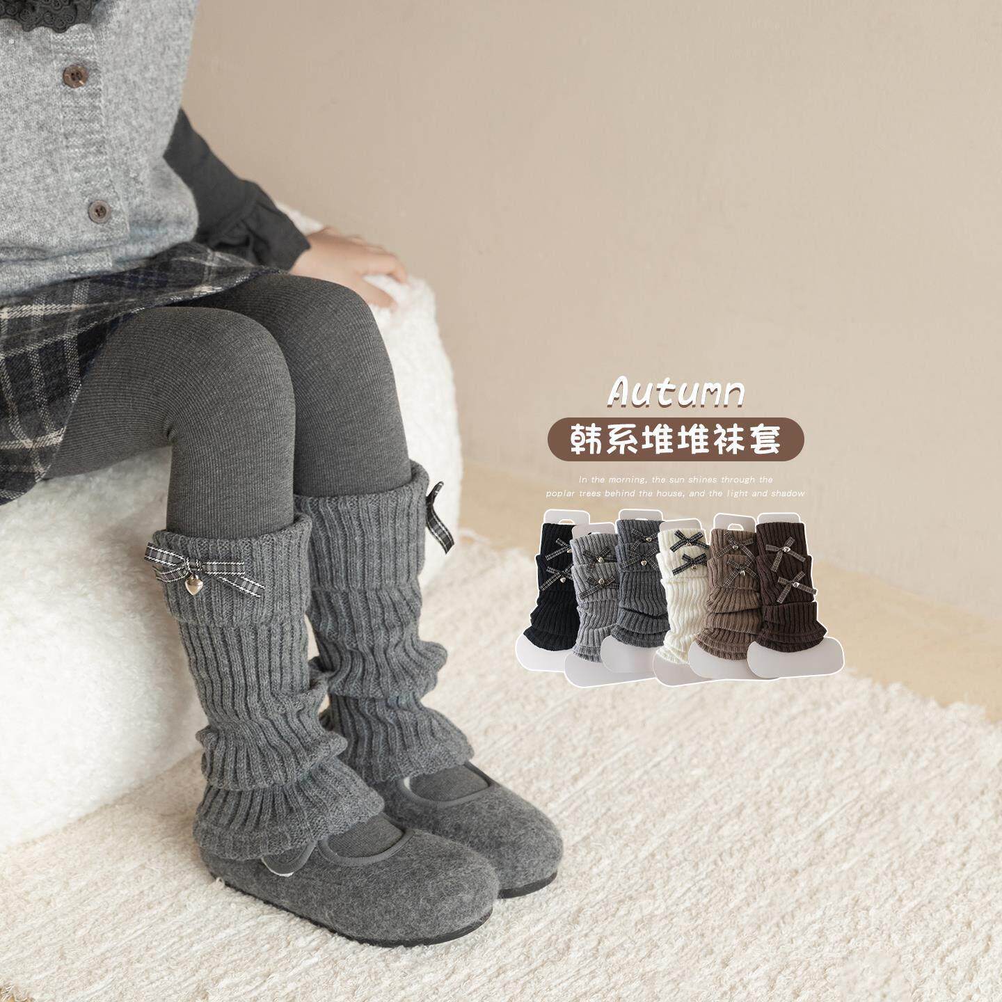 女童袜套秋冬季针织儿童护膝保暖小腿套韩系格子蝴蝶结女孩堆堆袜