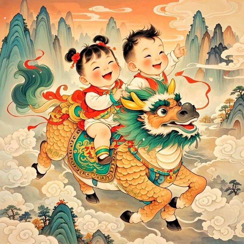 年画娃娃龙凤胎麒麟送子好运莲莲喜庆福娃婴儿服饰饰防水自黏贴纸