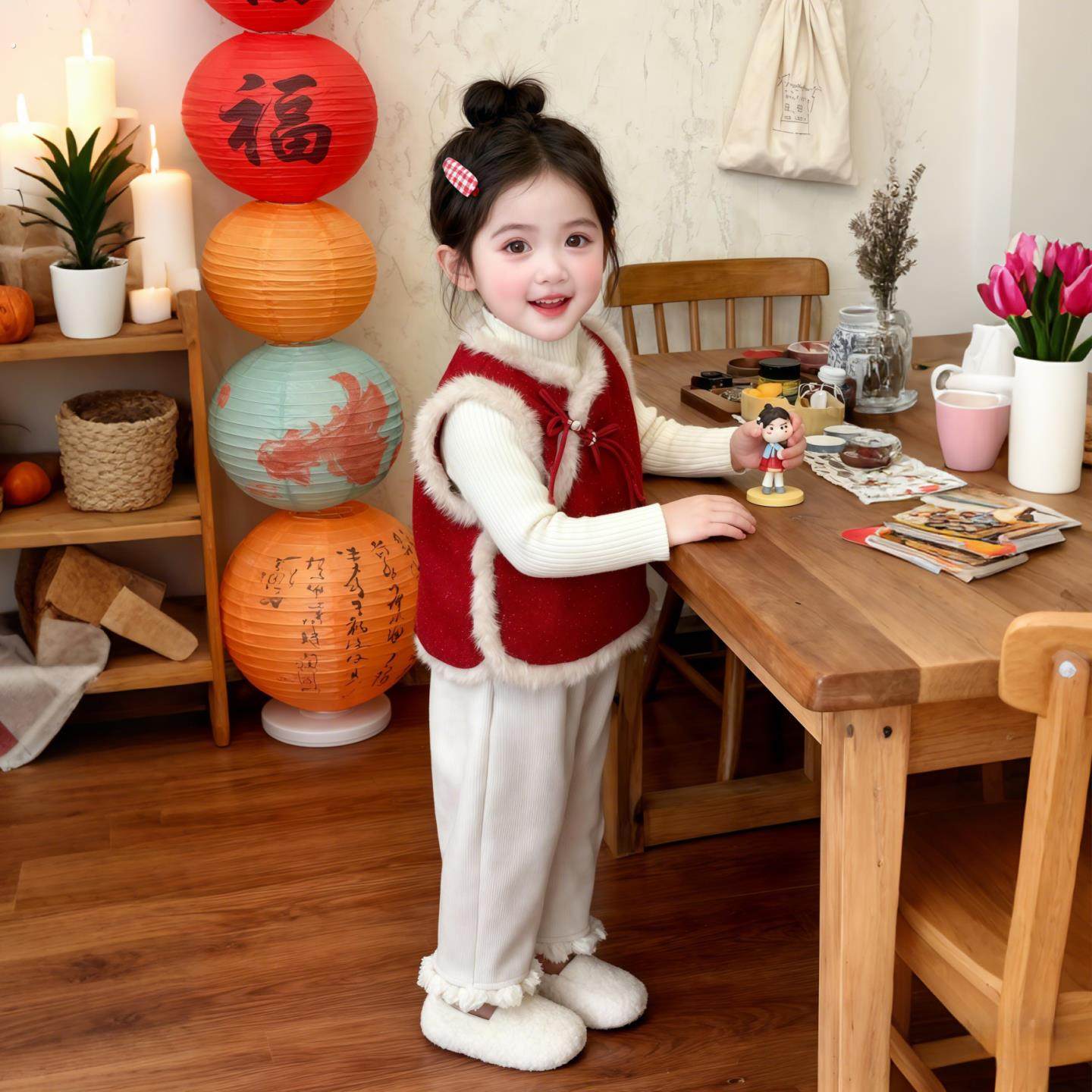 女童红色马甲国风旗袍2026拜年服抓周宴男宝宝背心新中式儿童汉服