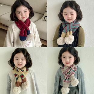 儿童围巾冬季针织毛线男女童交叉巾韩系覆古拼色加厚保暖宝宝围脖