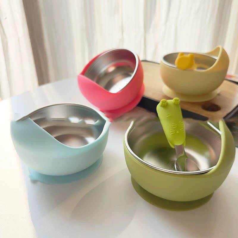 食品级硅胶304不锈钢吸盘碗辅食宝宝碗自主进食防摔防烫儿童学吃