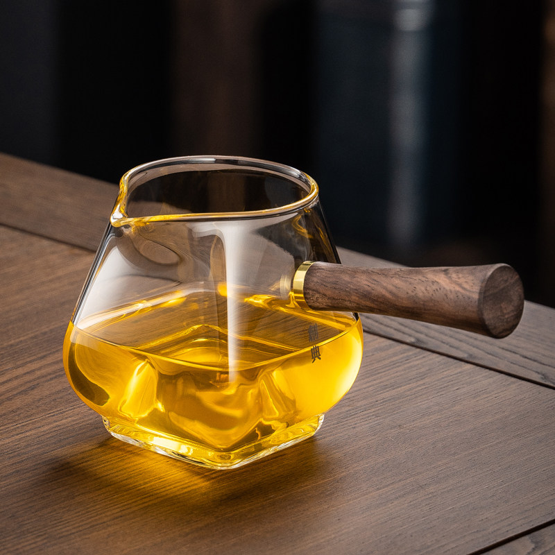 创典耐热侧把玻璃公道杯加厚分茶器茶海高档四方木柄公杯茶漏套装