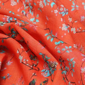 布久以逅国风高支苎麻茶服夏季文艺复古印花布料汉服面料  花墙红
