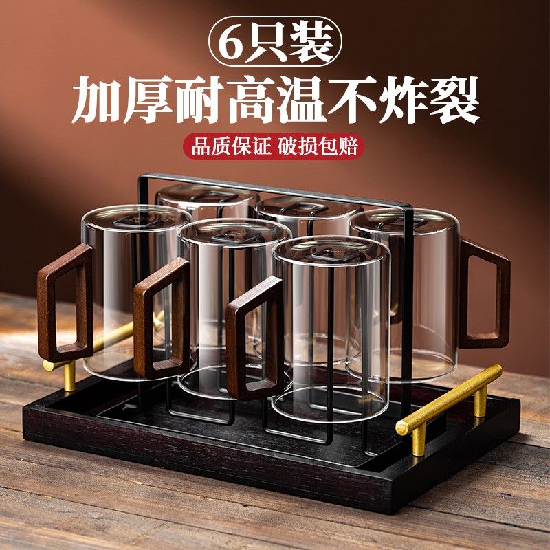 高档中式木柄把手玻璃杯套装家用水杯待客泡茶杯耐高温高硼硅杯子,餐饮具,玻璃杯,淘宝优惠券,粉丝福利购,淘宝优惠卷