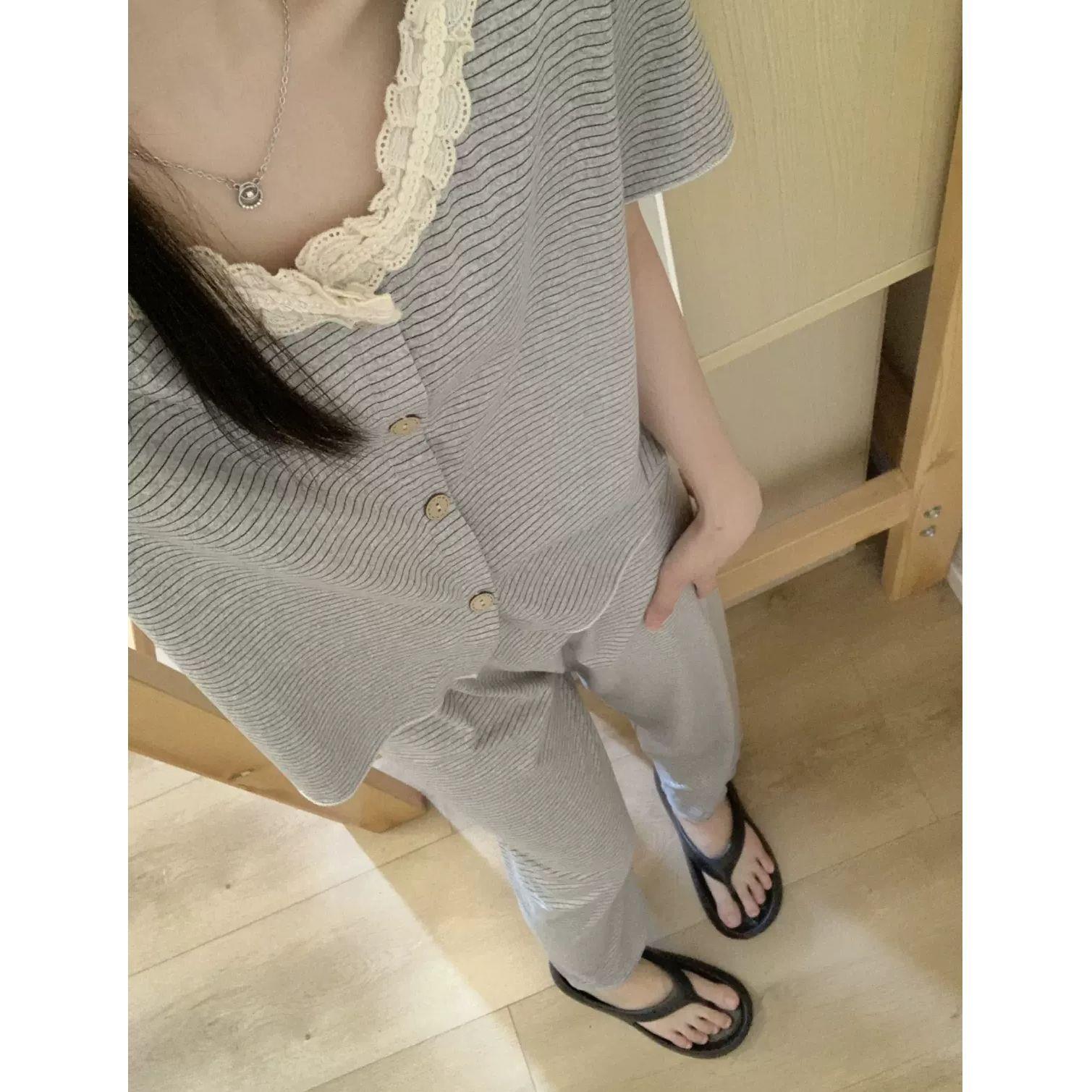 蕾丝花边圆领条纹睡衣女士2026新款夏季短袖长裤家居服套装可外穿