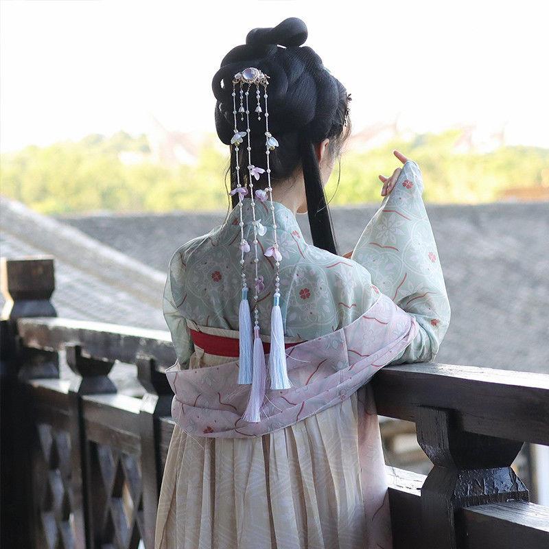 绝美古风头饰超仙气唯美绢花朵珍珠长流苏后压发夹汉服发饰边夹