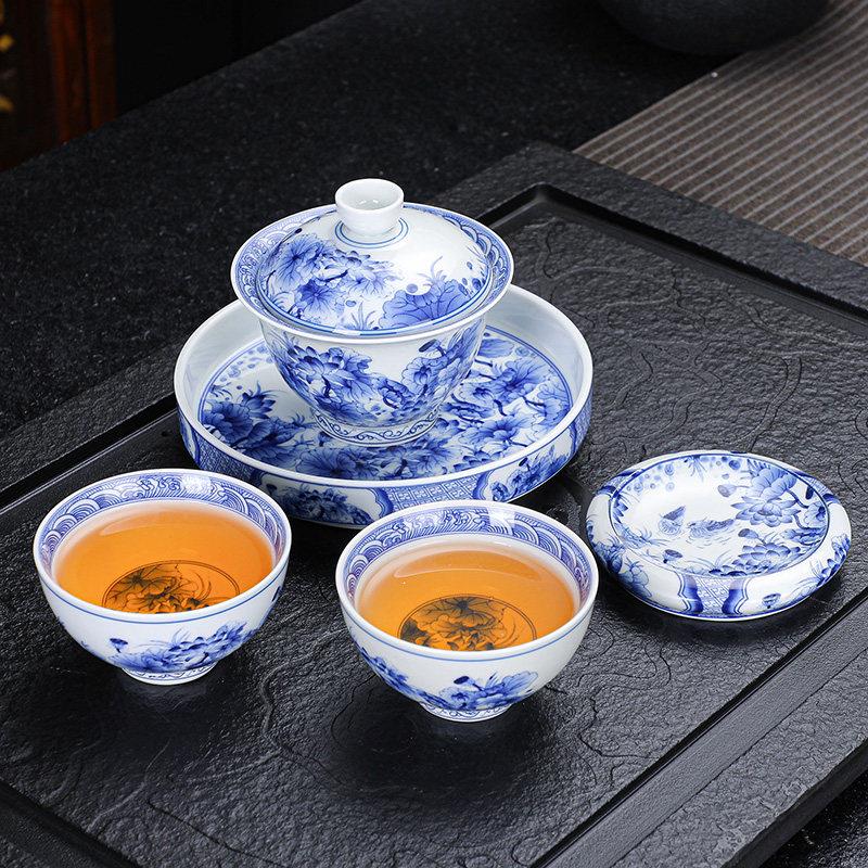 功夫茶具套装家用高档景德镇青花瓷三才盖碗茶杯陶瓷套装送礼办公
