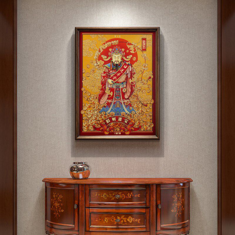 财神爷铜挂画中式别墅墙面背景装饰画招财铜画玄关中堂办公室壁画