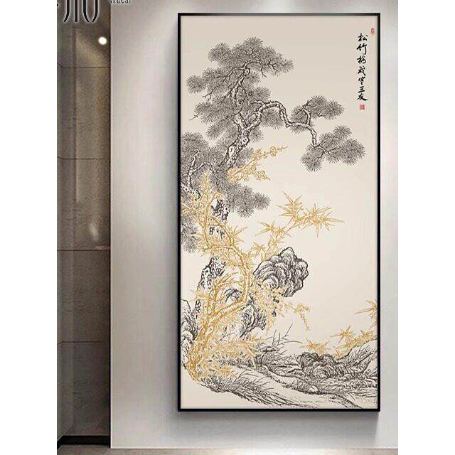 岁寒三友玄关装饰画新中式迎客松挂画客厅正对门松竹梅3d浮雕壁画