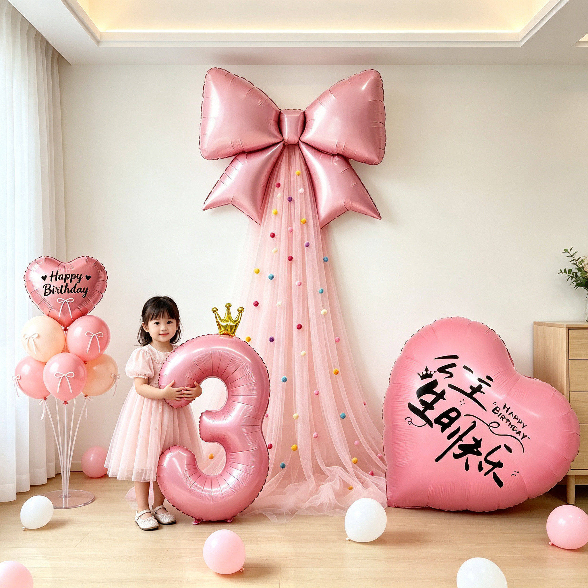 女孩女童宝宝3岁生日快乐仪式感气球派对背景墙氛围装饰场景布置2