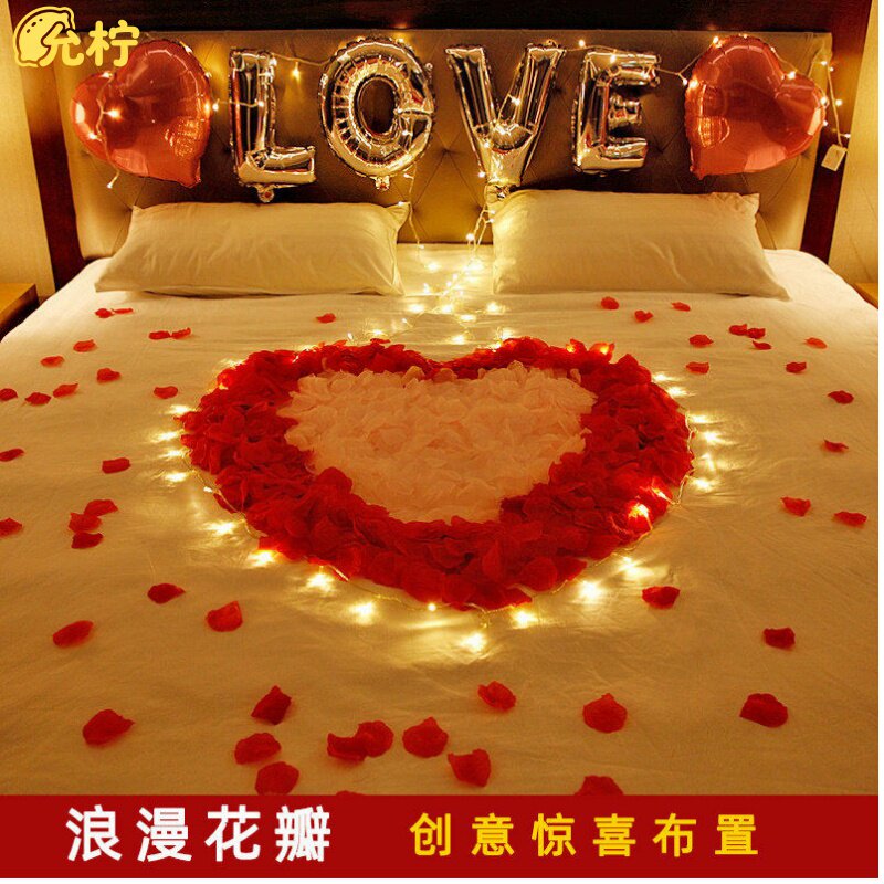 生日卧室氛围求婚表白花瓣酒店装饰气球创意惊喜浪漫床上场景布置