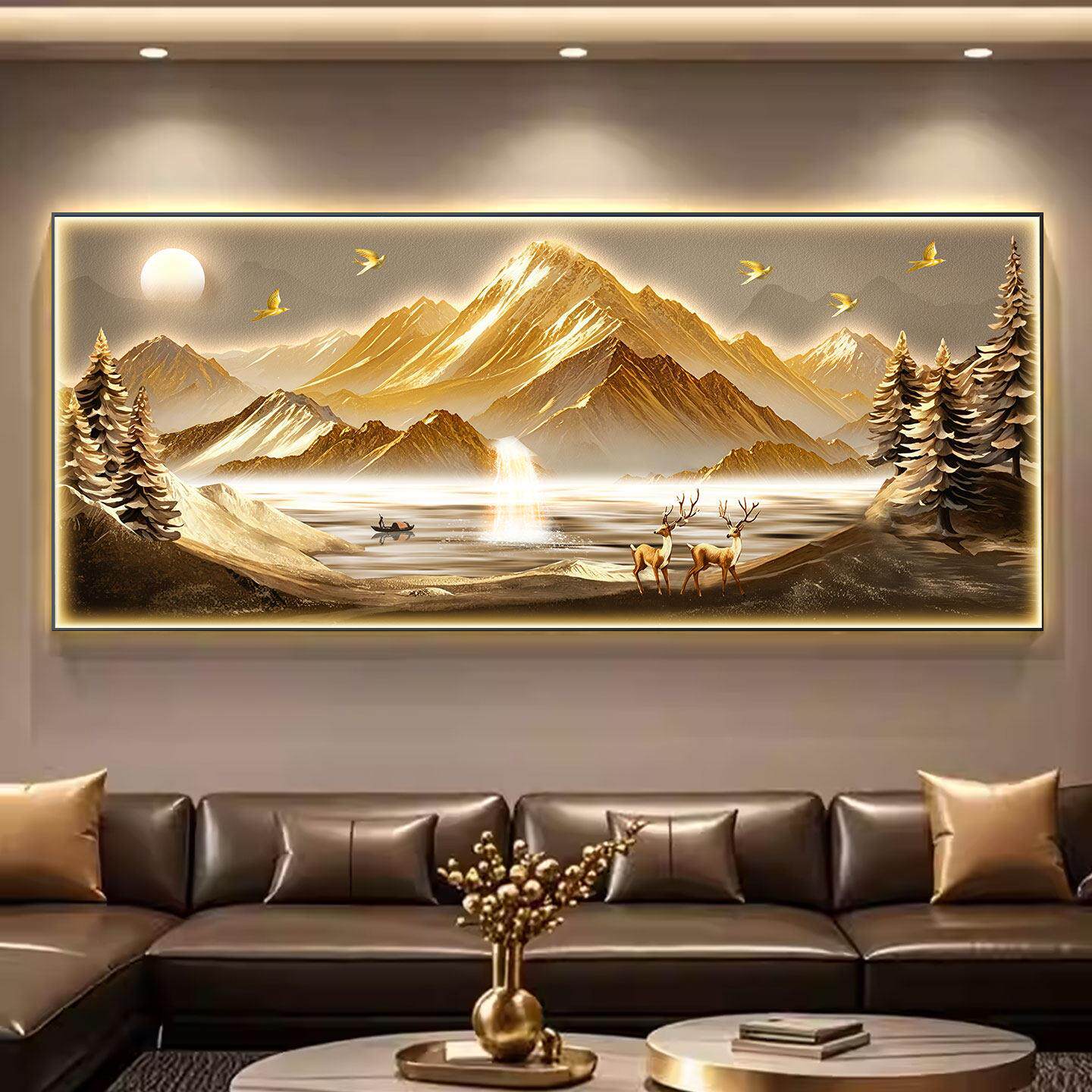 现代轻奢客厅装饰画背有靠山大气山水画沙发背景墙挂画大白墙壁画