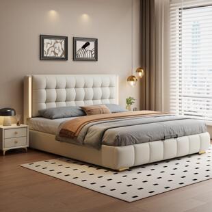 真皮床2米x2米2主卧双人大床法式华夫格床实木带储物卧室软包婚床