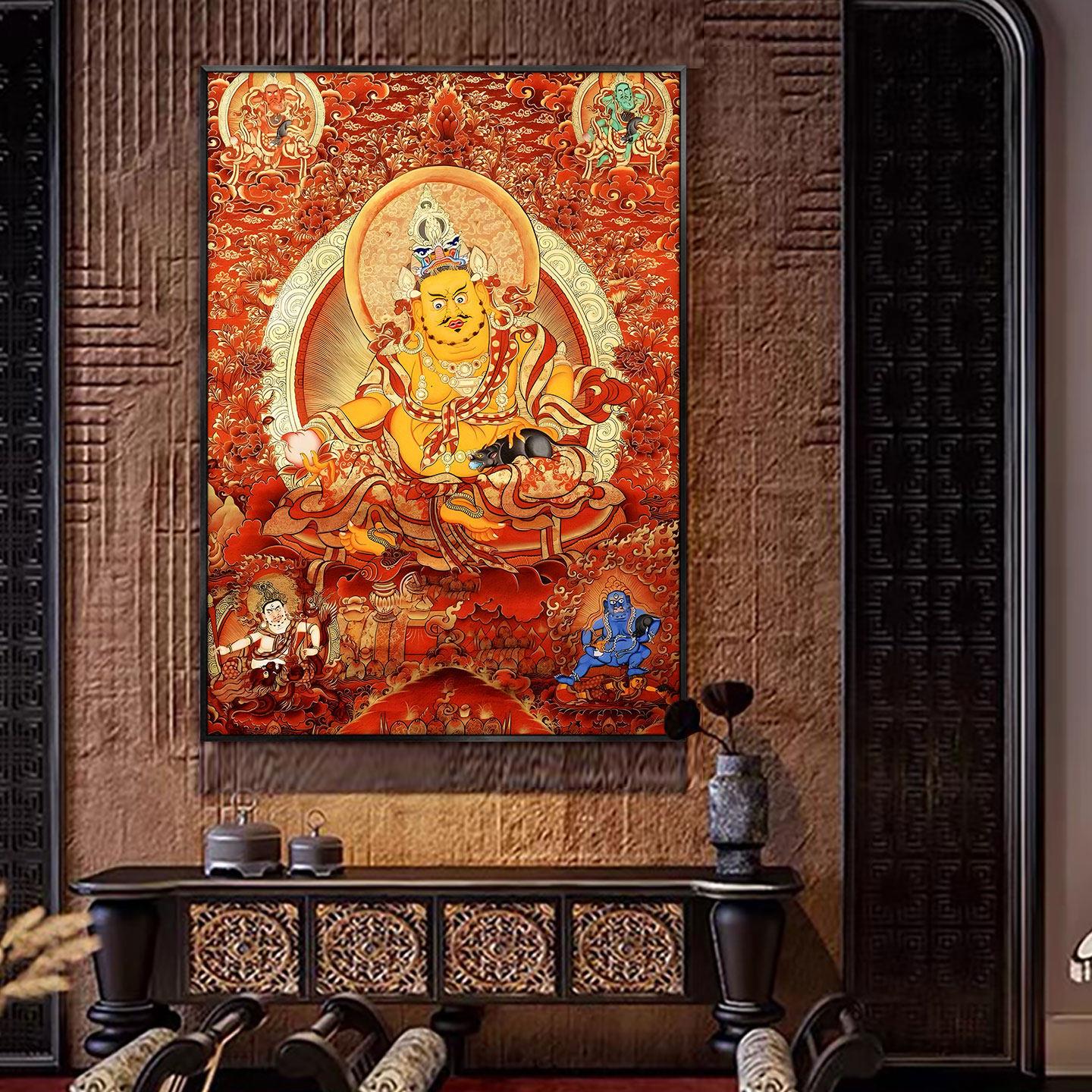 黄财神佛像挂画西藏尼泊尔唐卡六字真言装饰画玄关客厅背景墙壁画