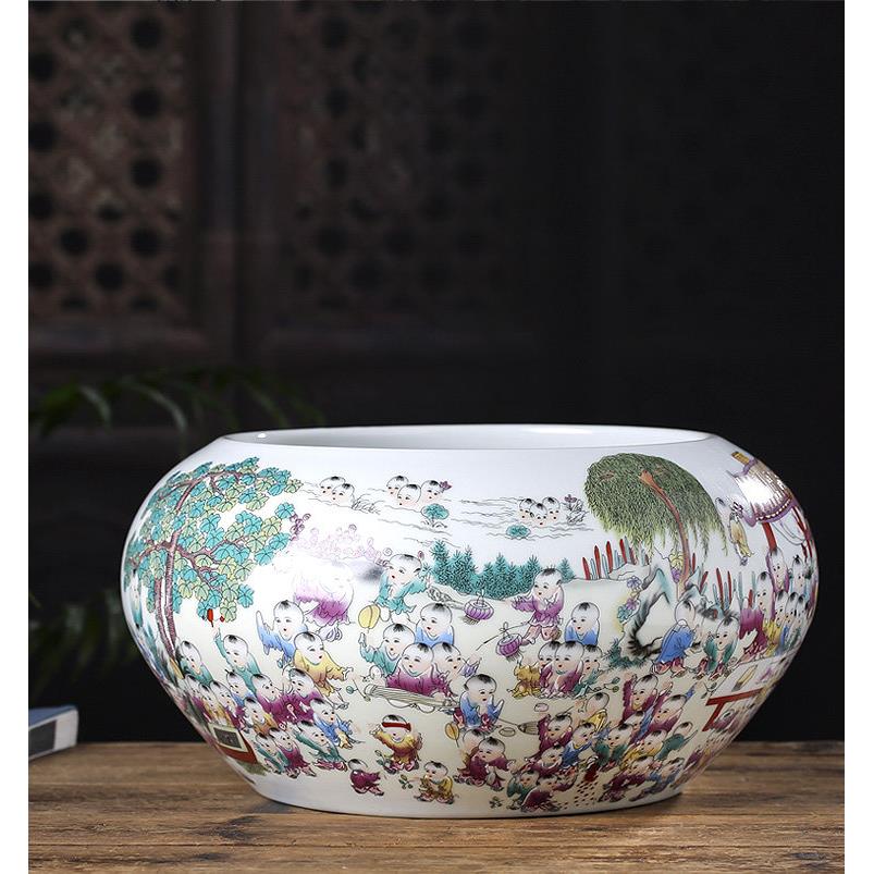 景德镇陶瓷聚宝盆摆件纯手工粉彩瓷器百子图桌面玄关鱼缸小型