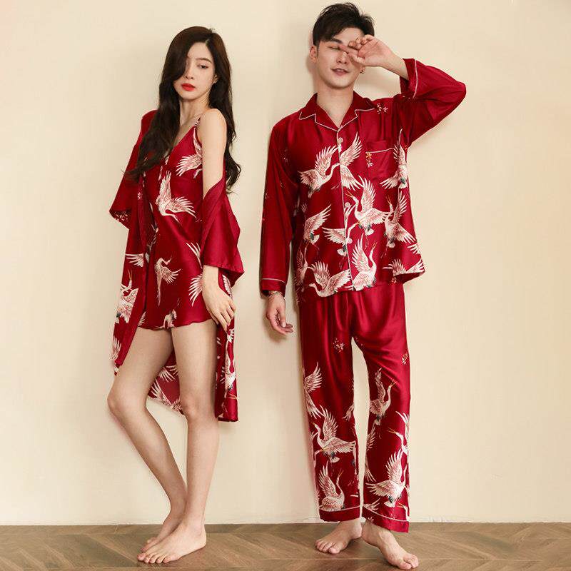 红色睡衣情侣结婚新婚礼高档婚用新娘晨袍女中式睡袍一裙一衣套装