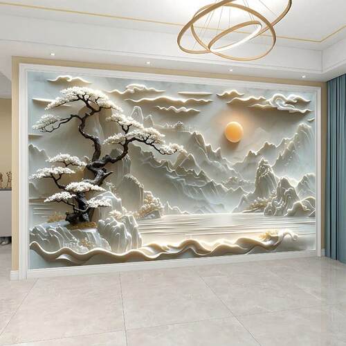 8D超立体浮雕壁纸新中式山水风景风水壁纸5d壁画客厅电视背景墙板