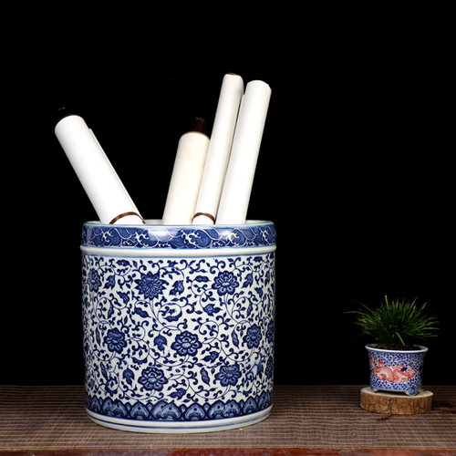 景德镇陶瓷青花瓷桌面小型卷轴缸收纳缸中式兰花盆兰花专用书画筒