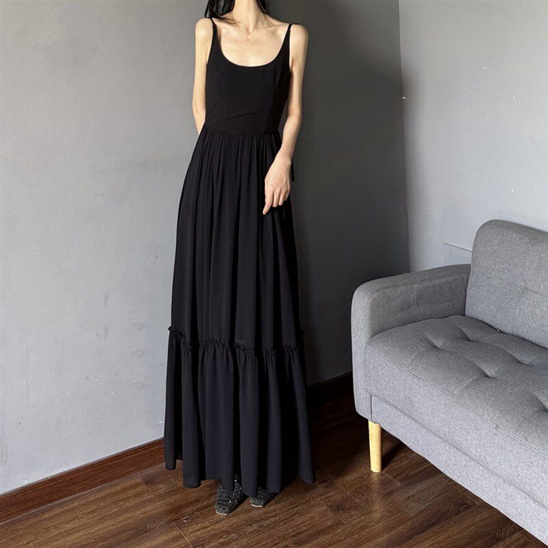 大u领无袖拼接背心裙 黑色内搭雪纺连衣裙 夏天大摆长款拖地长裙