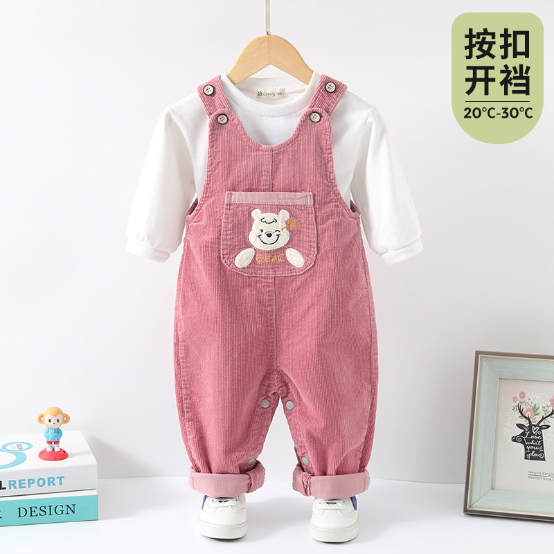 宝宝背带裤春秋款按扣开裆男童2023新款春装一岁儿童幼儿婴儿裤子